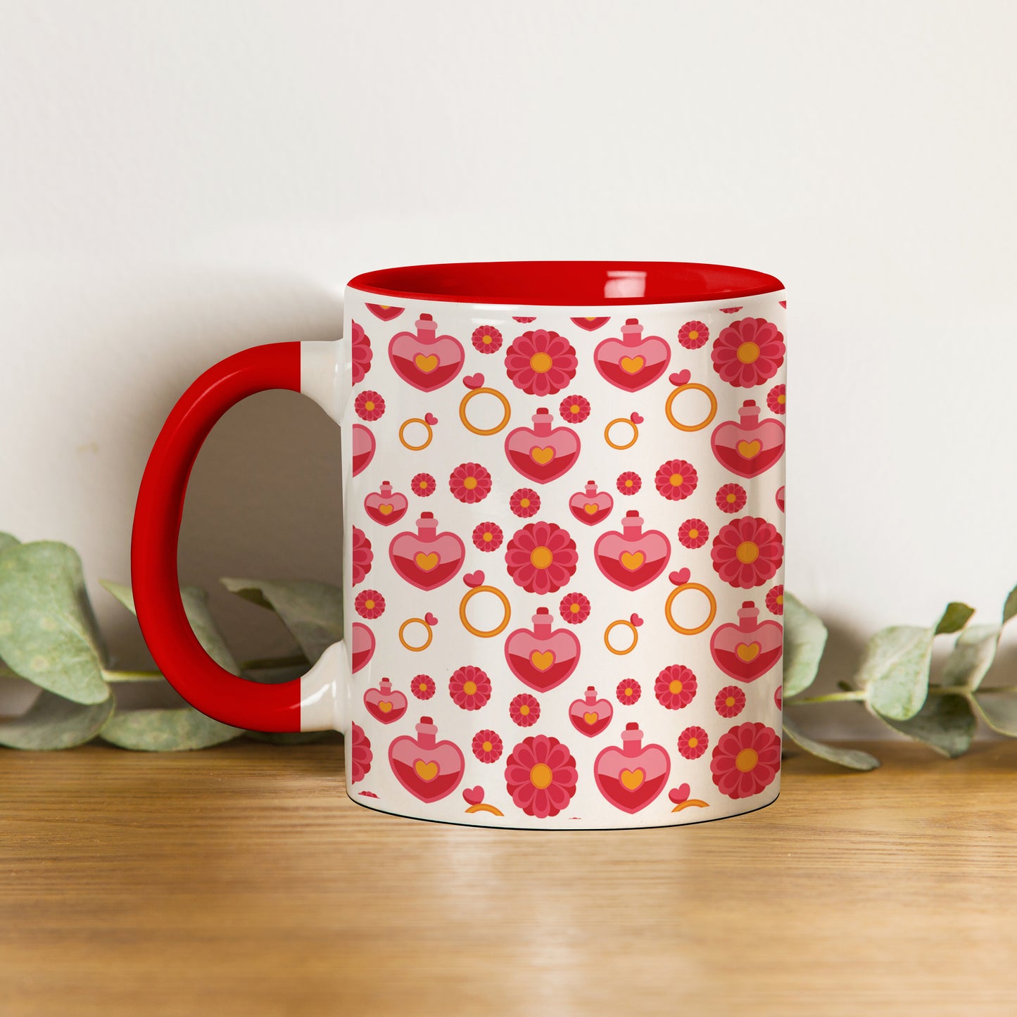 Red seamless love element pattern design Red Handle 330 ml Coffee Mug