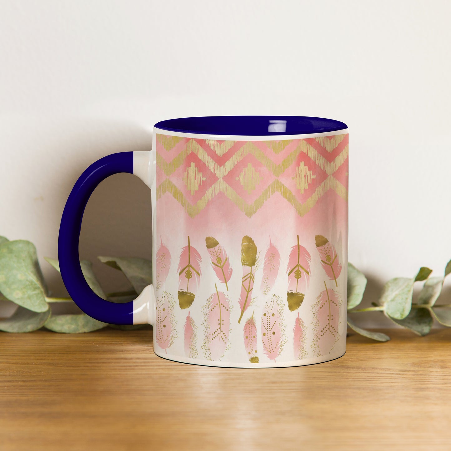 Pink plumas Pattern Dark Blue Handle 330 ml Coffee Mug
