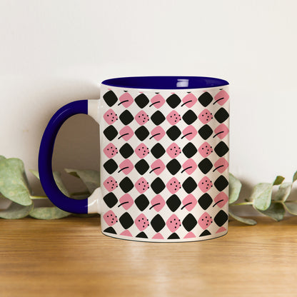 Black N Pink square vector leaves Pattern Dark Blue Handle 330 ml Coffee Mug