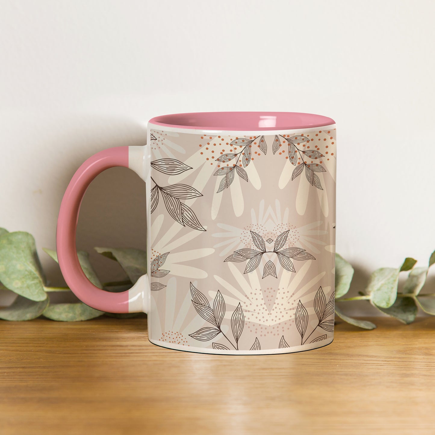 Abstract leaves and dots design Pattern Lite Pink Handle 330 ml Coffee Mug