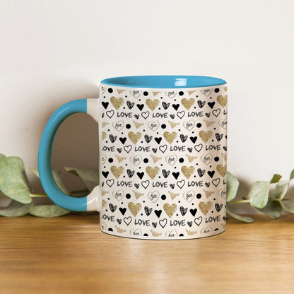 Hand drawn golden and black hearts design Pattern Sky Blue Handle 330 ml Coffee Mug