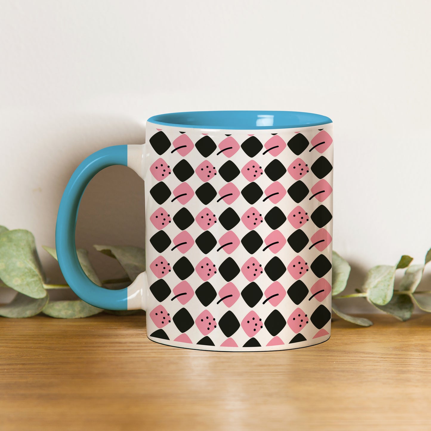 Black N Pink square vector leaves Pattern Sky Blue Handle 330 ml Coffee Mug