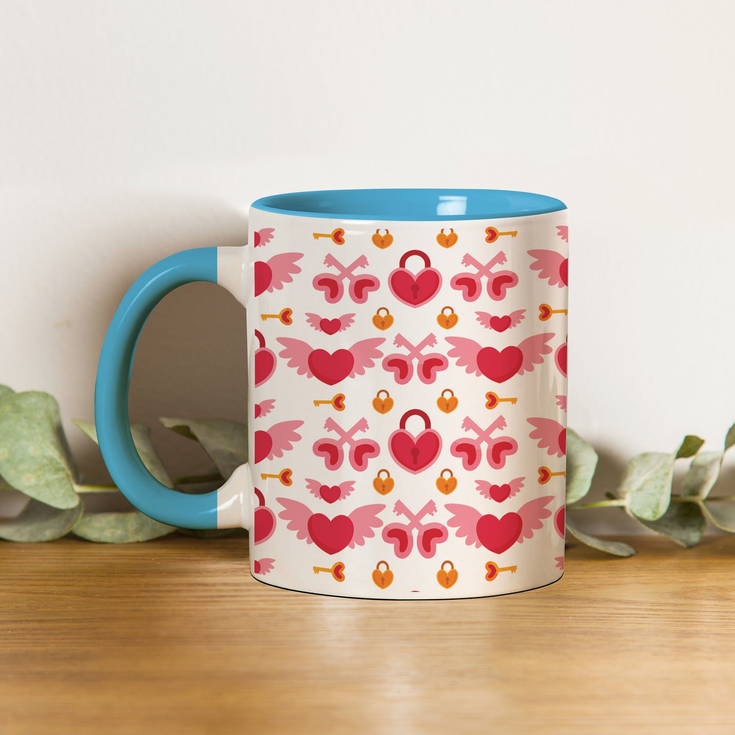 Red seamless love element design (2) Pattern Sky Blue Handle 330 ml Coffee Mug