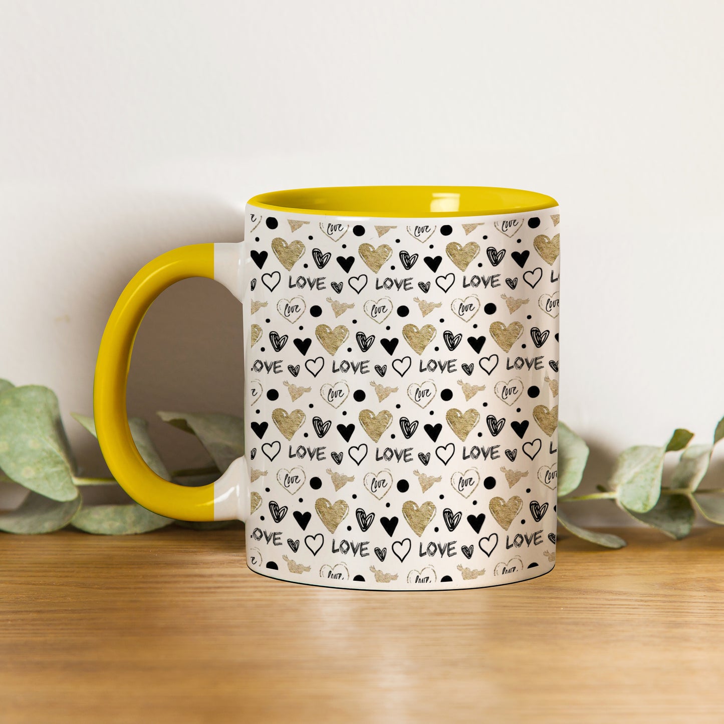 Hand drawn golden and black hearts pattern design Pattern Yellow Handle 330 ml Coffee Mug
