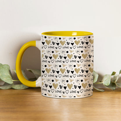 Hand drawn golden and black hearts pattern design Pattern Yellow Handle 330 ml Coffee Mug