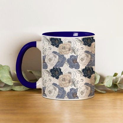 Flowers design Pattern Dark Blue Handle 330 ml Coffee Mug
