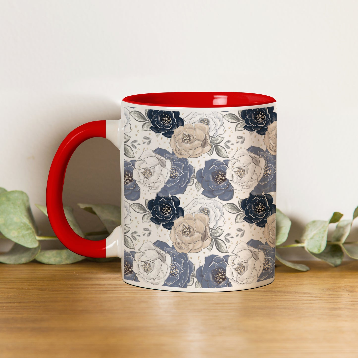 Flowers design Red Handle 330 ml Coffee Mug