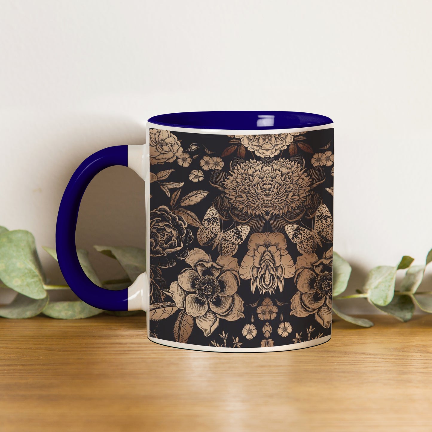 Gold flowers design Pattern Dark Blue Handle 330 ml Coffee Mug