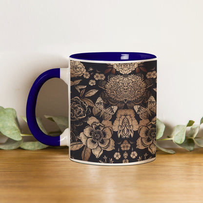 Gold flowers design Pattern Dark Blue Handle 330 ml Coffee Mug