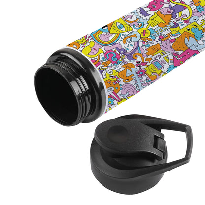 A colorful illustration of a group of people with different faces and the words Printed Eagle Shape Water Bottle 750 ml For Gym, Yoga, Kids, Boys, Girls, Brother, Sister, Babies, Baby, Workout, Adults