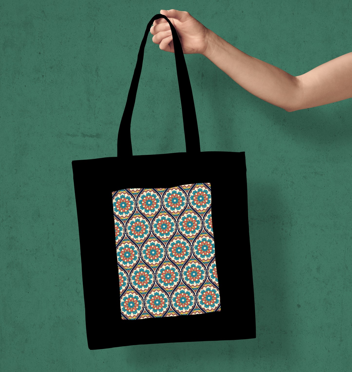 Ethnic mandala ornament illustration Design Printed Black Patch With Pocket Tote Bag (14 X 16 Inches) For Shopping, College, Travel