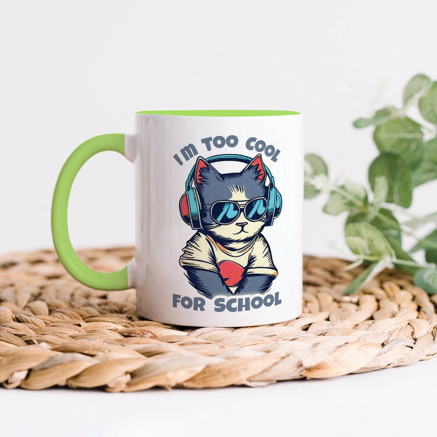 I Am too cool for school design Light Green Handle 330 ml Coffee Mug