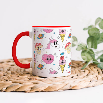 Hand drawn flat trendy cartoon pattern Red Handle 330 ml Coffee Mug