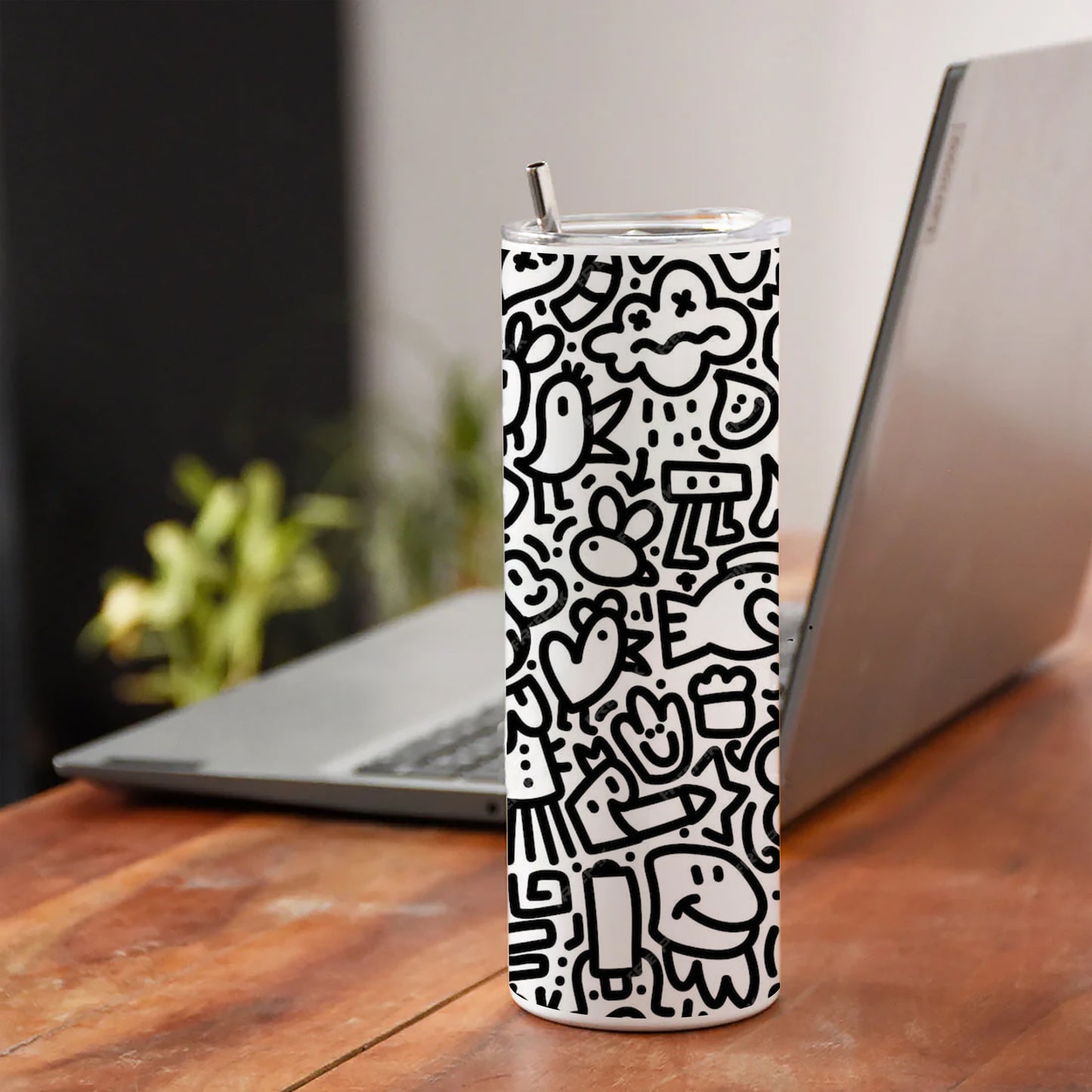 Black in white doodle art Printed 750ML with Lid Leak Proof Travel Tumbler with Straw