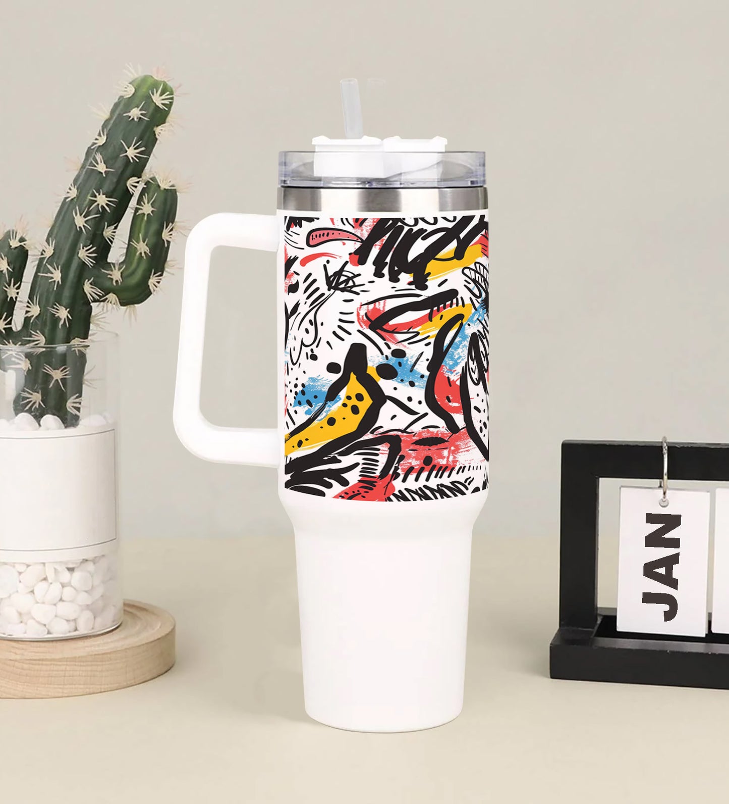 A colorful painting of a man with a yellow hat Printed 850ML with Lid Leak Proof Big Travel Tumbler with Handle and Straw