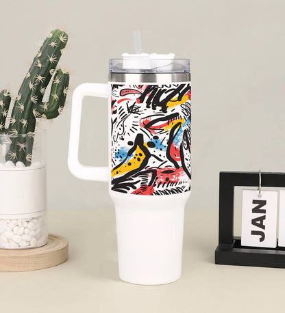 A colorful painting of a man with a yellow hat Printed 850ML with Lid Leak Proof Big Travel Tumbler with Handle and Straw