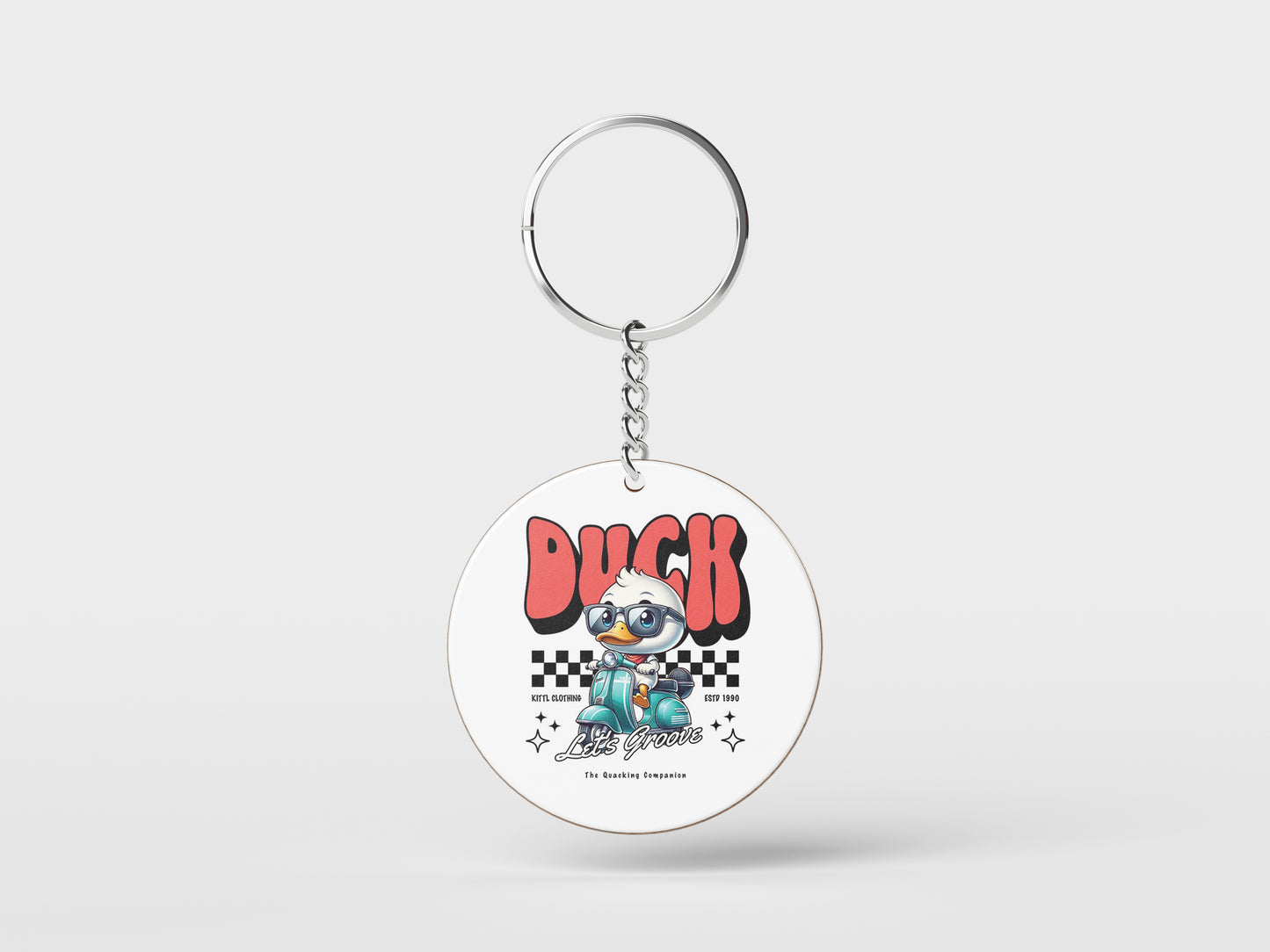 Duck - Lets Groove Design Printed Circle Shape Wooden Keyring with Chain