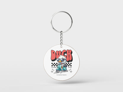 Duck - Lets Groove Design Printed Circle Shape Wooden Keyring with Chain