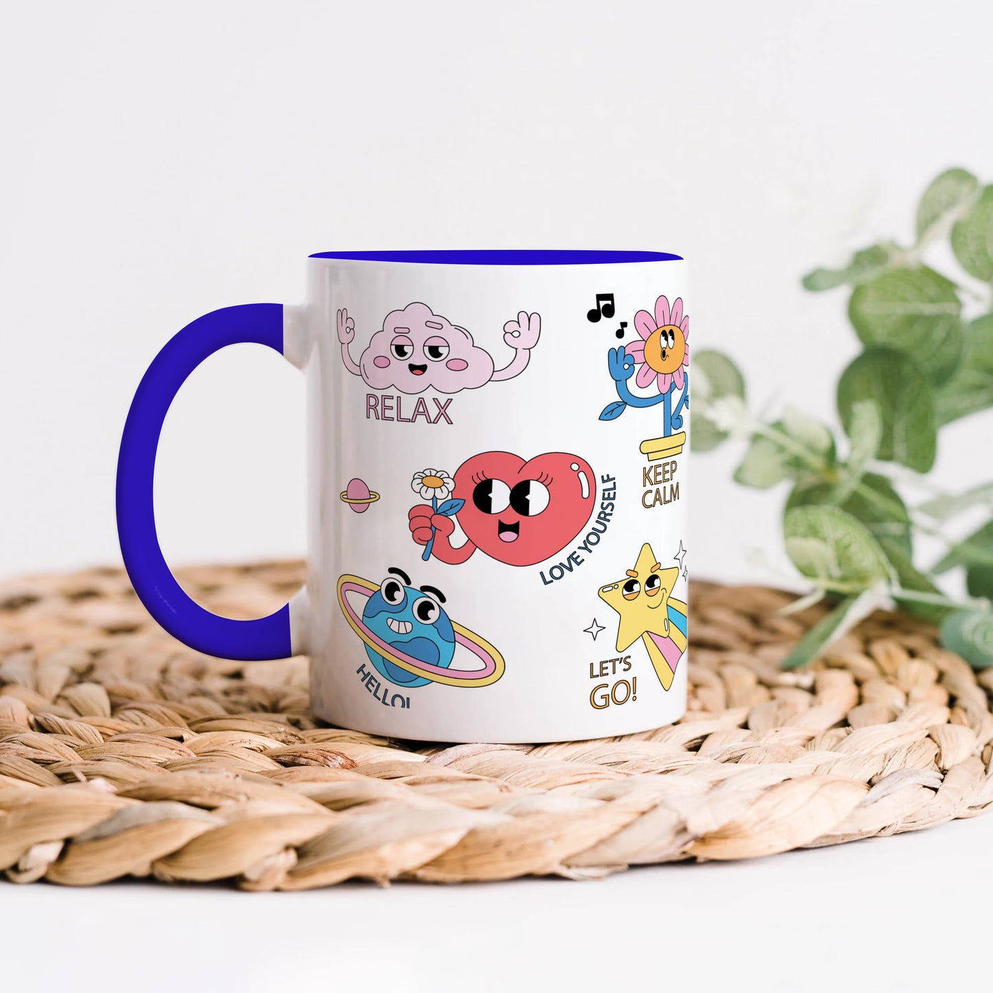 Hand drawn trendy cartoon badges design Dark Blue Handle 330 ml Coffee Mug