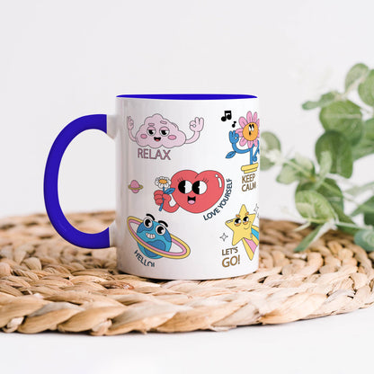 Hand drawn trendy cartoon badges design Dark Blue Handle 330 ml Coffee Mug