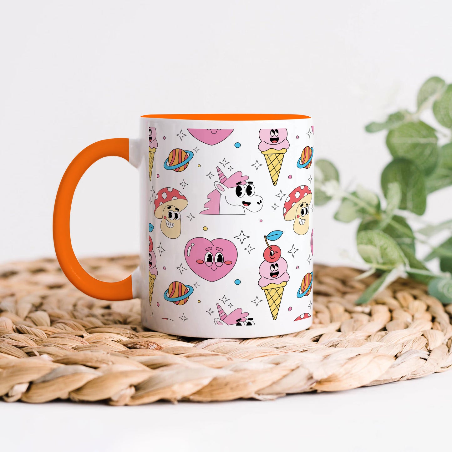 Hand drawn flat trendy cartoon pattern Orange Handle 330 ml Coffee Mug