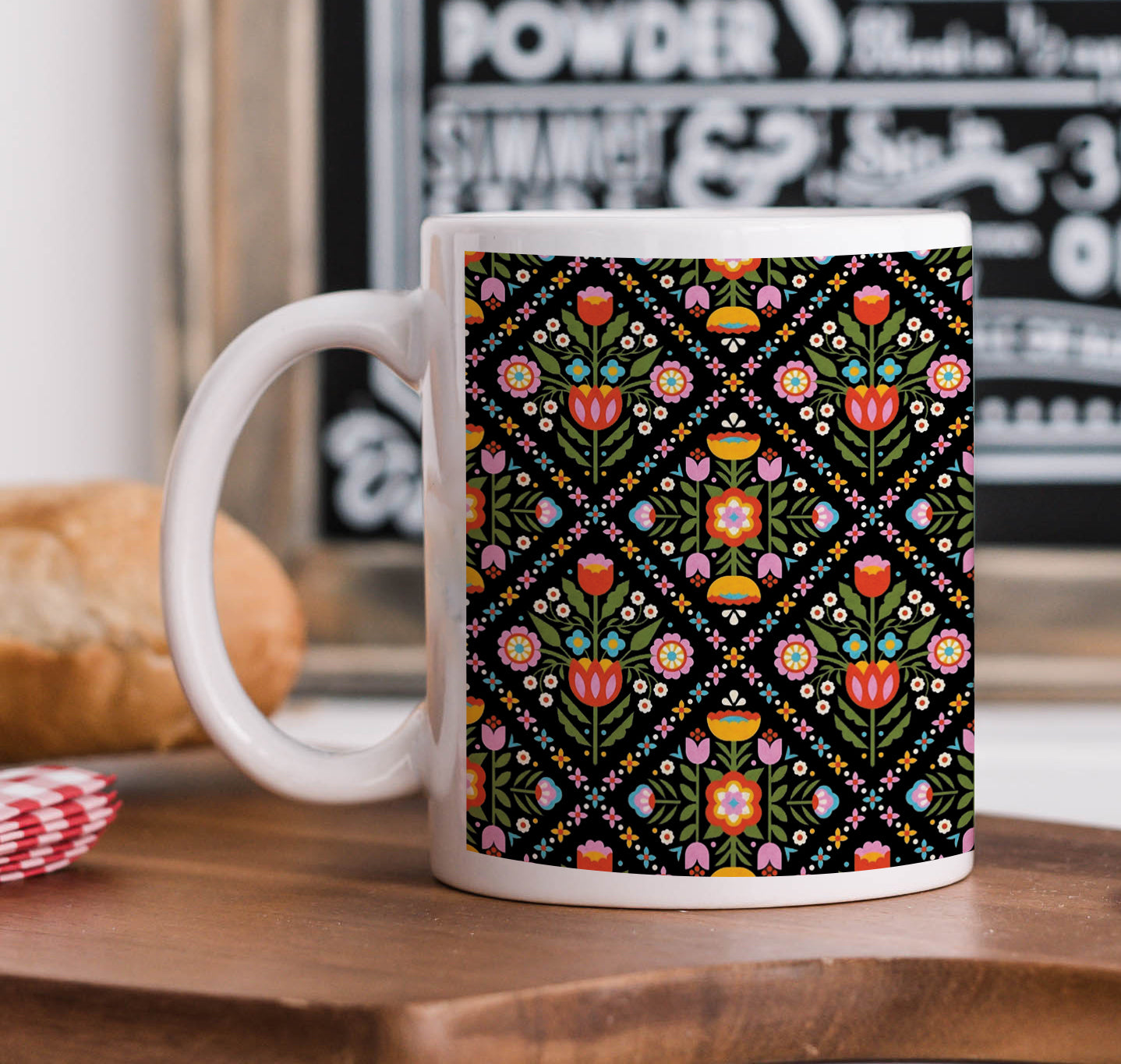 Folk Art Flower Patterns Printed 330 ml White Coffee Mug with Square Shape Wooden Keyring and Chain