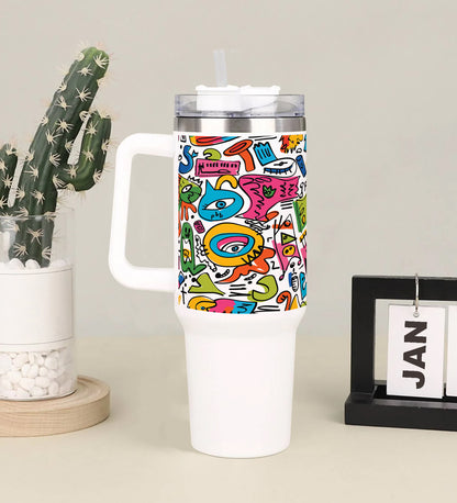 A colorful pattern Printed 850ML with Lid Leak Proof Big Travel Tumbler with Handle and Straw