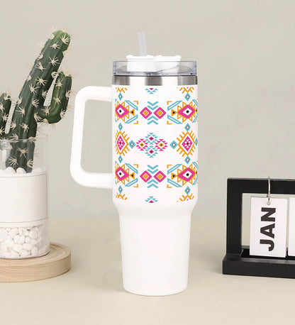 Hand drawn peruvian pattern Printed 850ML with Lid Leak Proof Big Travel Tumbler with Handle and Straw