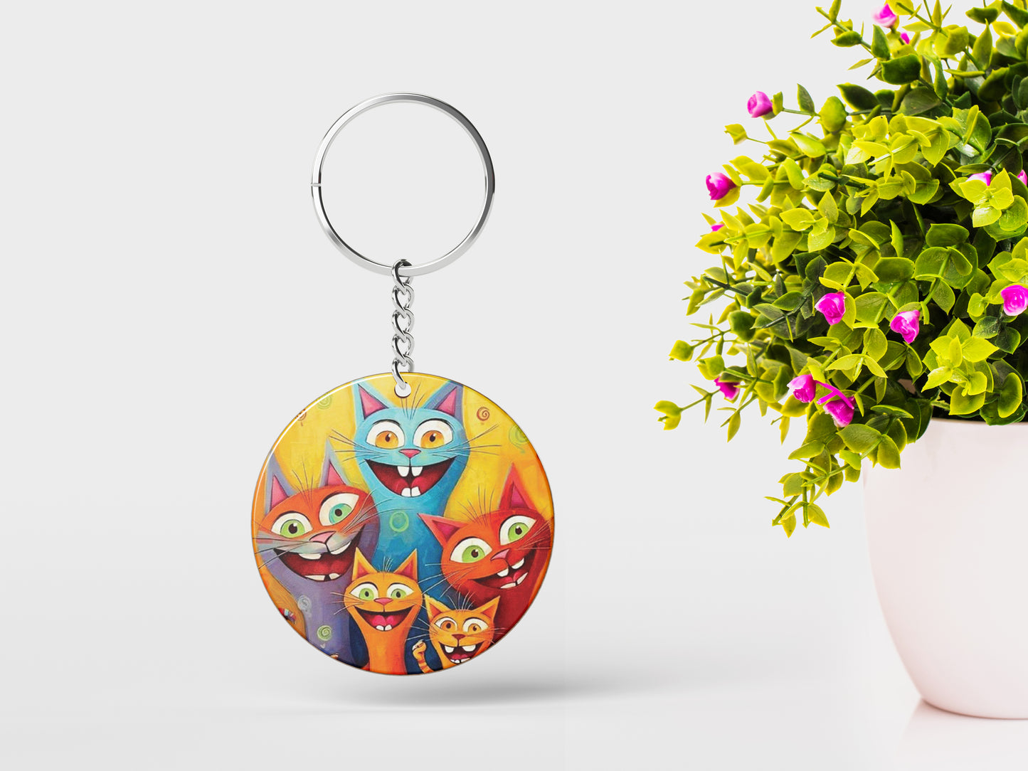 Cartoon cat group watercolor Artwork Printed Round Circle Shape Wooden Keyring with Chain