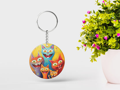 Cartoon cat group watercolor Artwork Printed Round Circle Shape Wooden Keyring with Chain