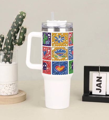 Mexican bunting design Printed 850ML with Lid Leak Proof Big Travel Tumbler with Handle and Straw
