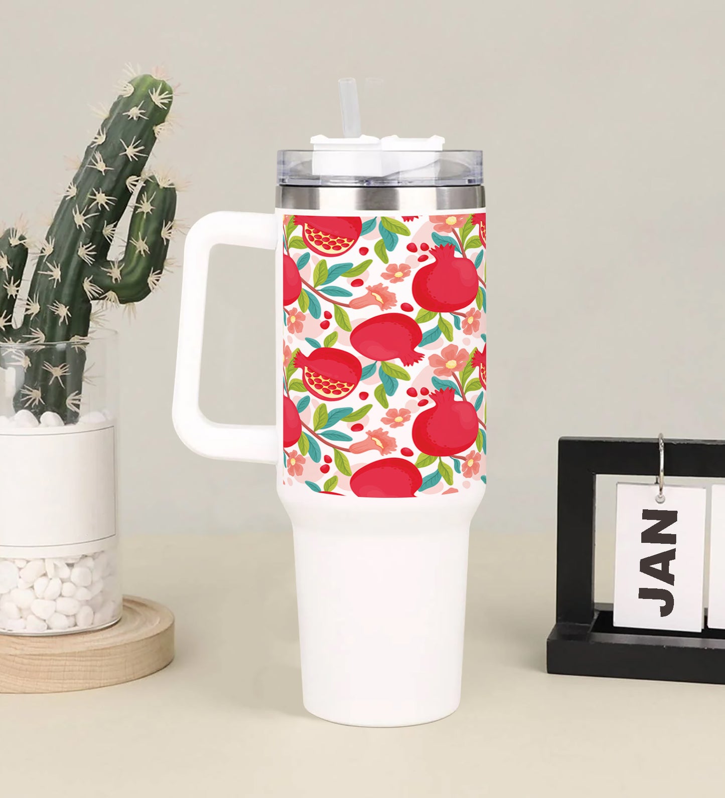 Hand drawn fruit and floral design pattern Printed 850ML with Lid Leak Proof Big Travel Tumbler with Handle and Straw