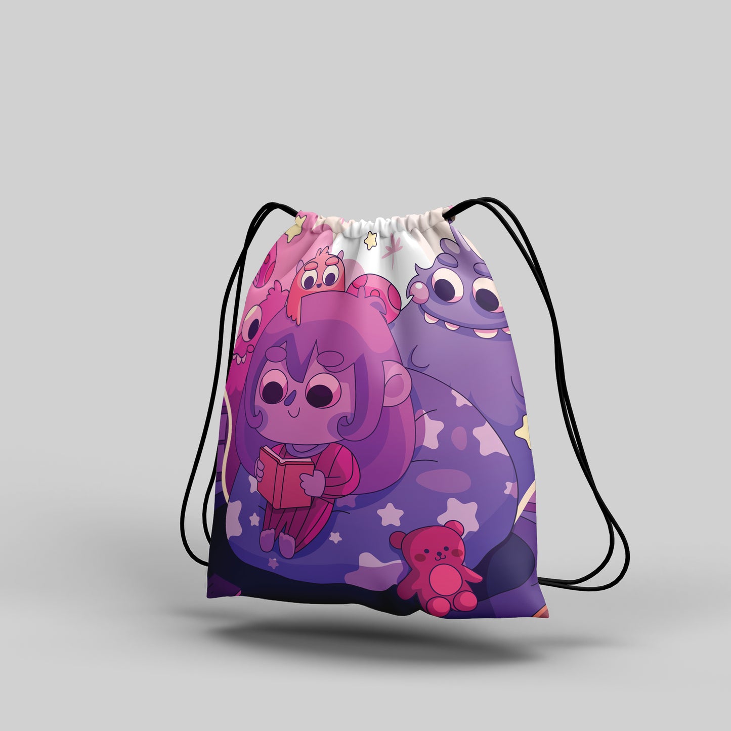 Hand Drawn Bedtime Stories illustration Polyester String Backpack Bags for kids for Gym, Yoga, Tuition ,Beach Bag for 4-10 year boys and girls