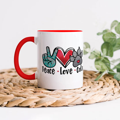 Peace Love cats design Red Handle 330 ml Coffee Mug