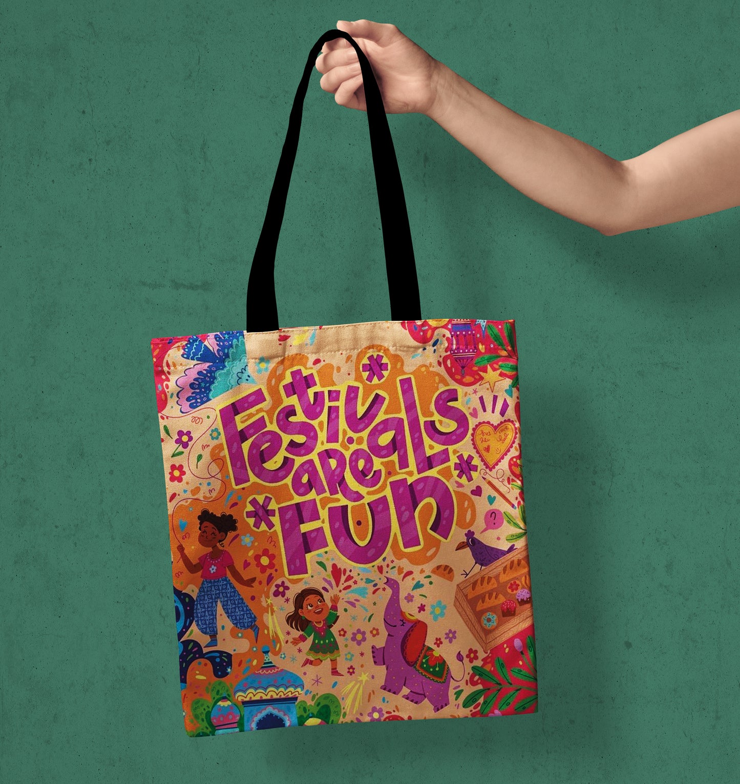 Festivals Are Fun Design Printed Black Handle Tote Bag (14 X 16 Inches) For Shopping, College, Travel