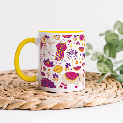 Happy Diwali vector elements seamless pattern design Yellow Handle 330 ml Coffee Mug