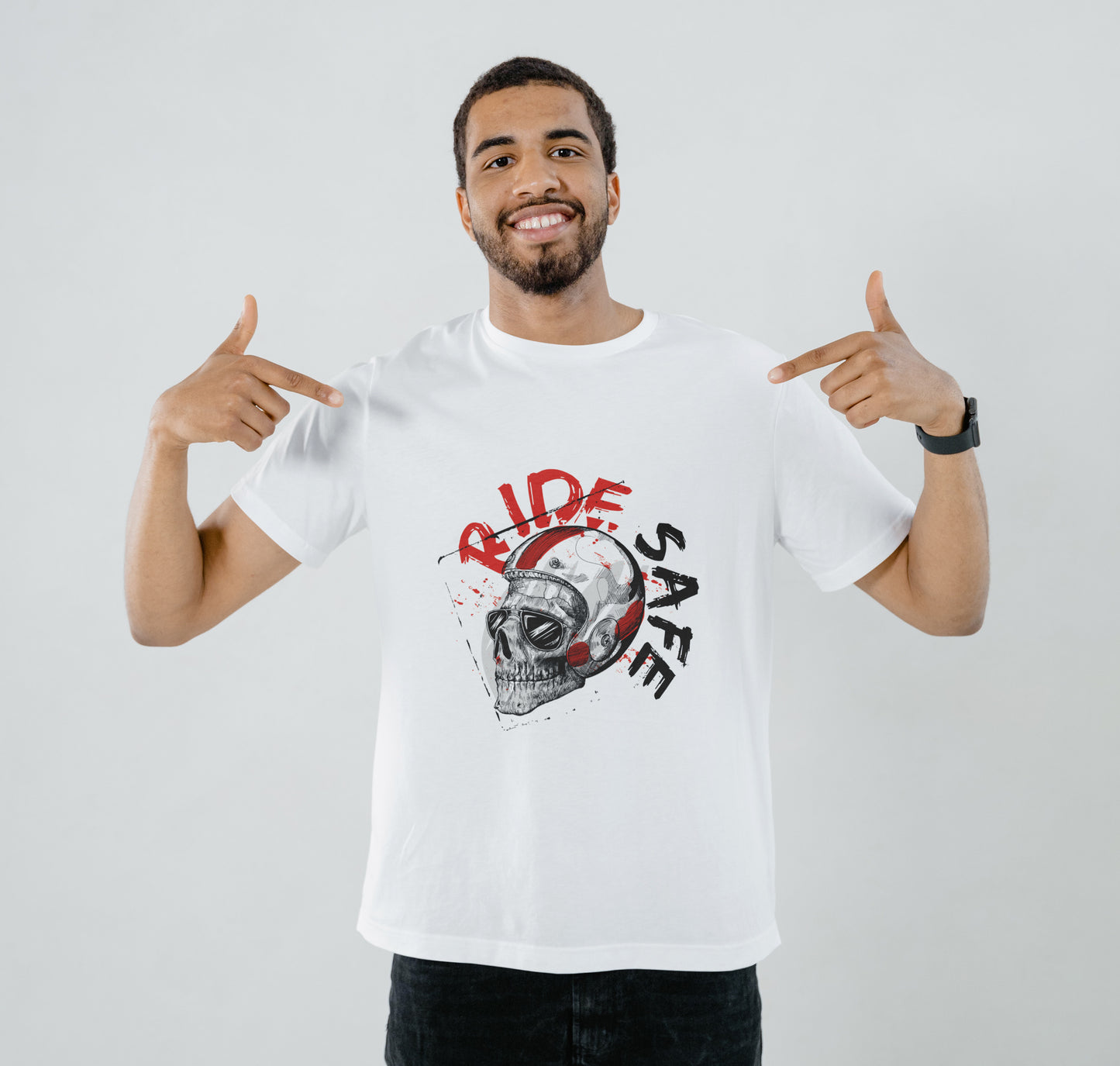 Sketch of hipster rider wearing a helmet for safe ride vector illustration Printed White Round Neck Polyester T Shirt for Mens and woman's