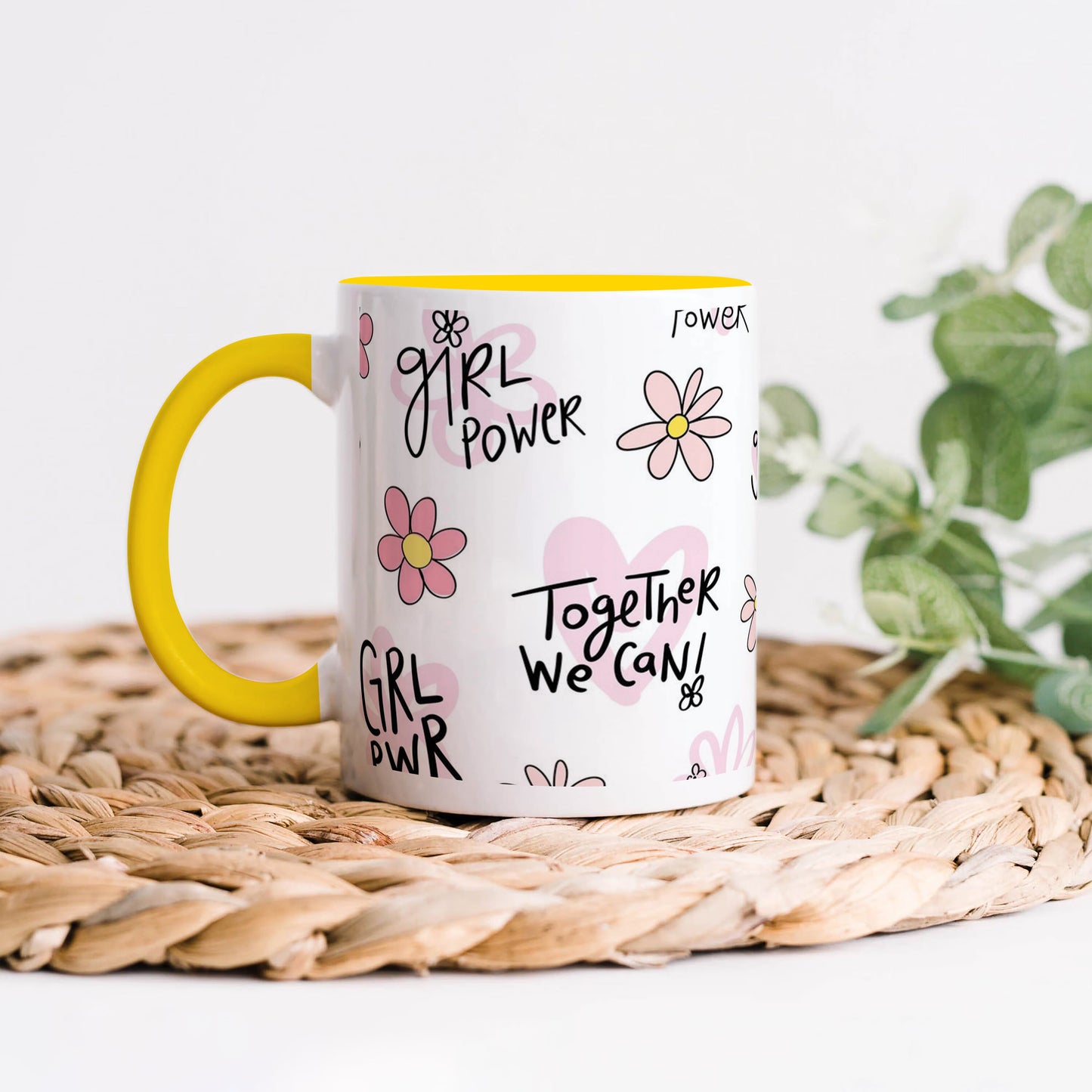 Cute pink flower and heart drawings. Seamless pattern Yellow Handle 330 ml Coffee Mug