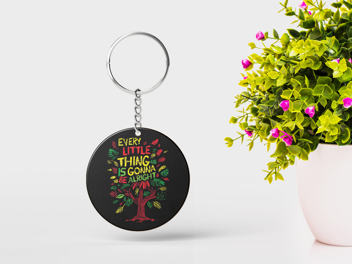 EVERY LITTLE THING IS GONNA BE ALRIGHT Printed Round Circle Shape Wooden Keyring with Chain