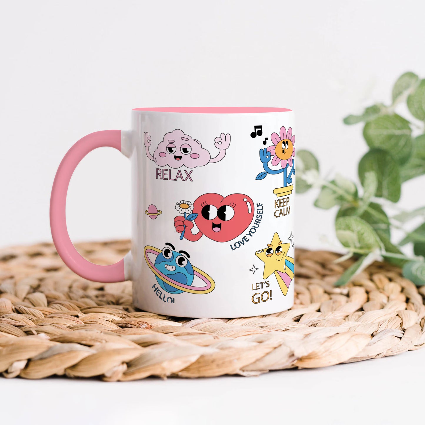 Hand drawn trendy cartoon badges design Light Pink Handle 330 ml Coffee Mug
