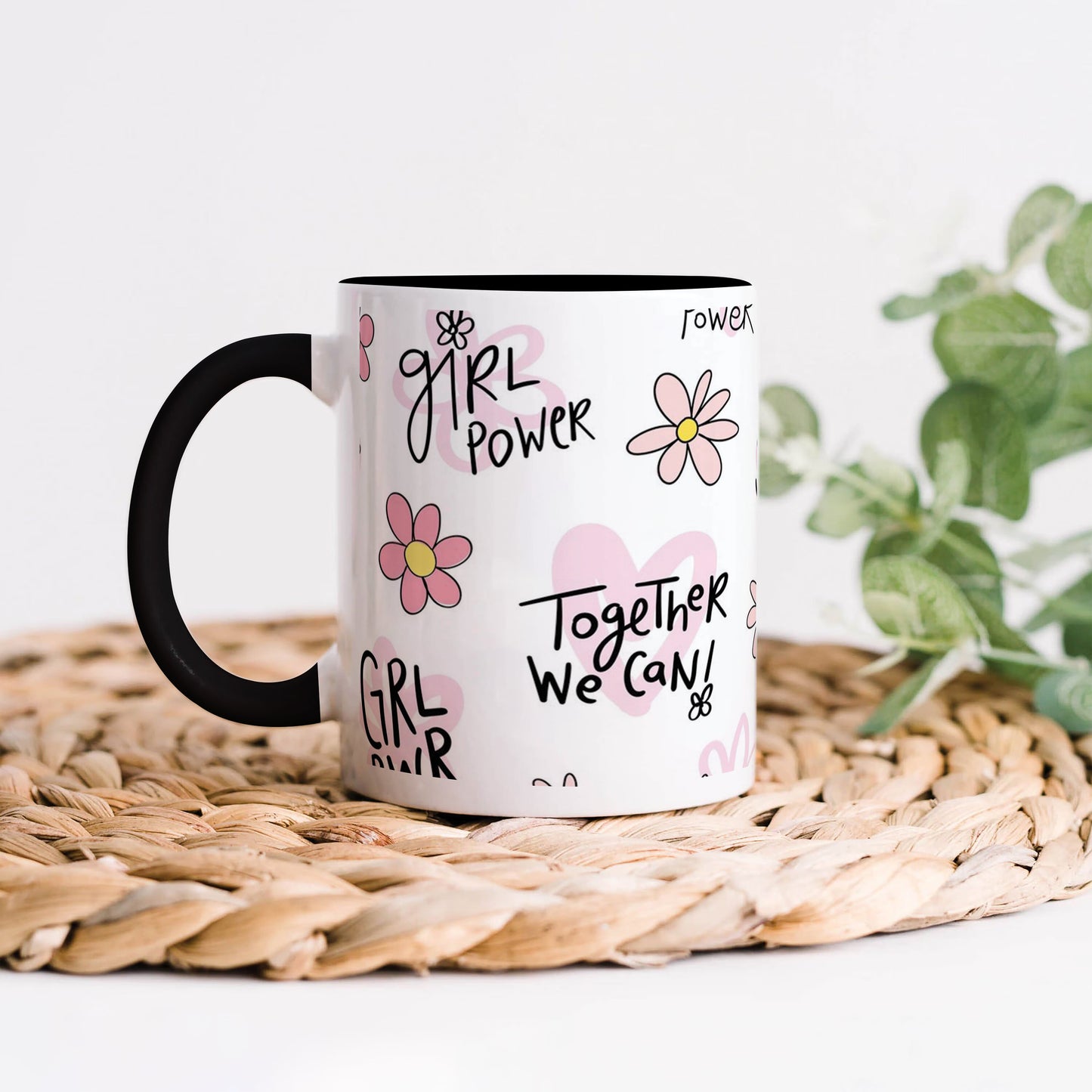Cute pink flower and heart drawings. Seamless pattern 330 ml Coffee Mug