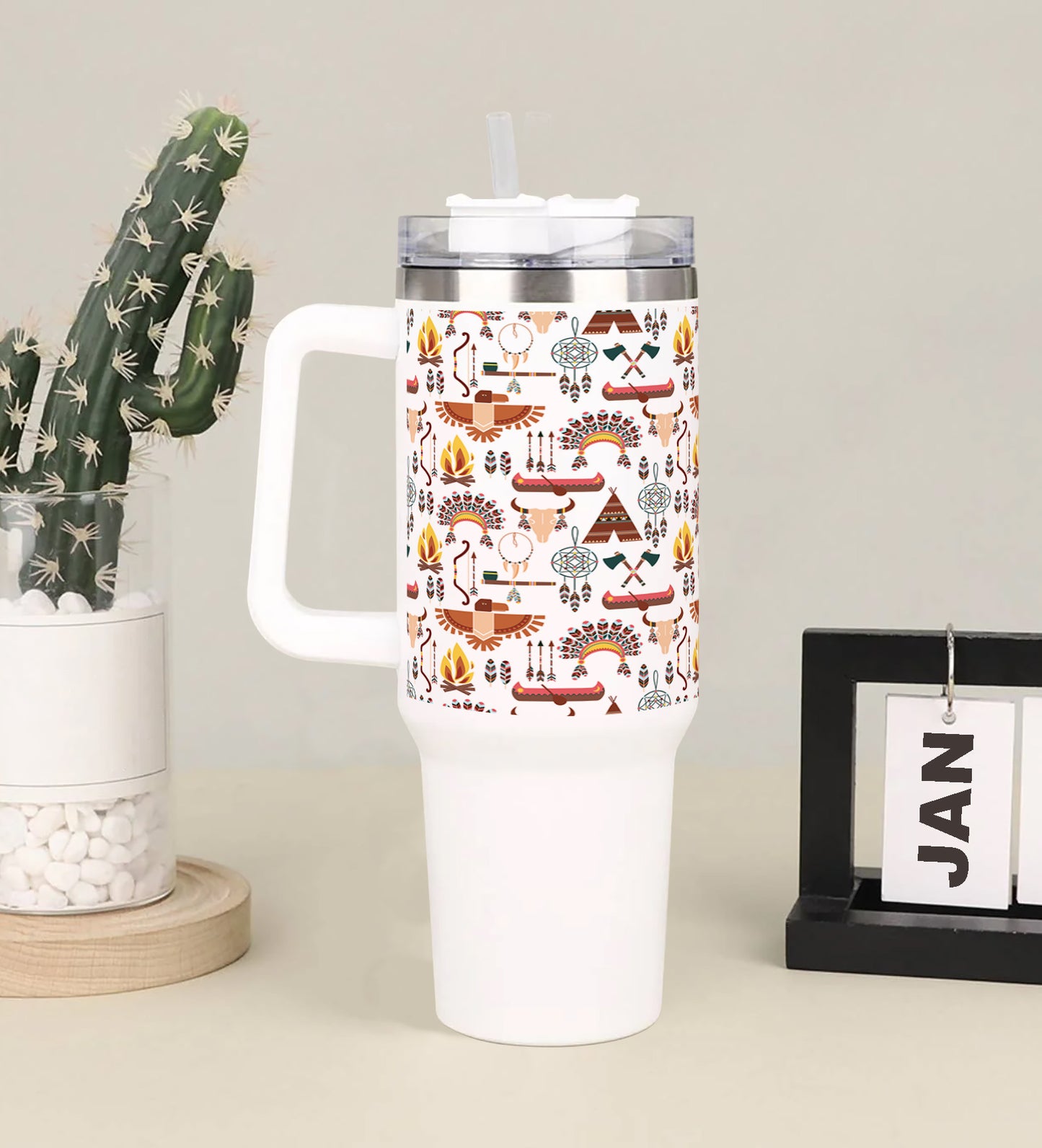 Seamless Pattern American Tribal Native Symbols Printed 850ML with Lid Leak Proof Big Travel Tumbler with Handle and Straw