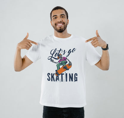 Skeleton playing skateboard illustration design Printed White Round Neck Polyester T Shirt for Mens and woman's