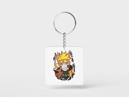 Artistic Impression Naruto Uzumaki Printed Square Shape Wooden Keyring with Chain