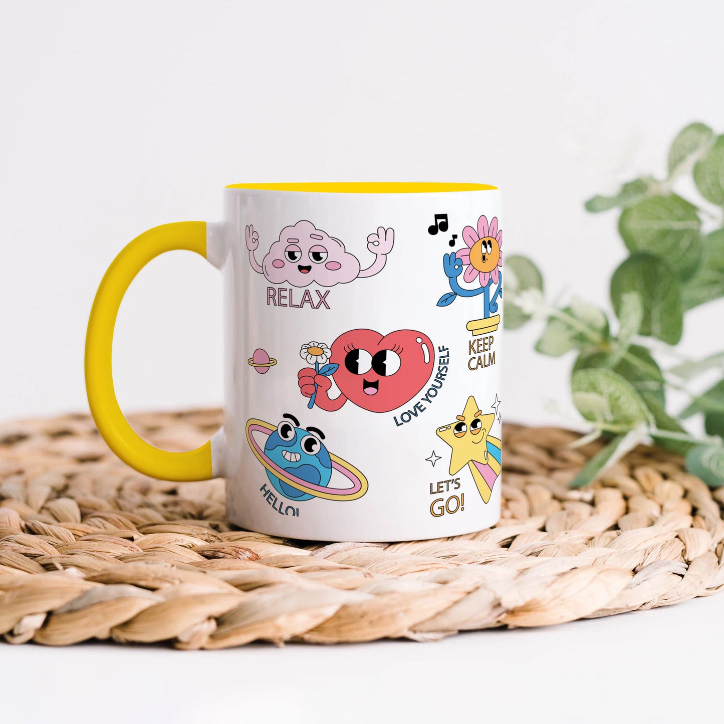 Hand drawn trendy cartoon badges design Yellow Handle 330 ml Coffee Mug