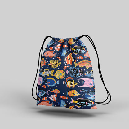 Tropical Coral Fish Seamless Pattern Polyester String Backpack Bags for kids for Gym, Yoga, Tuition ,Beach Bag for 4-10 year boys and girls