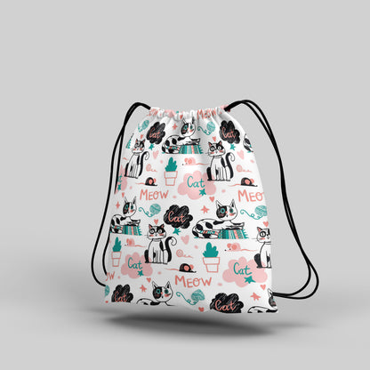 Doodle Animals and Words Pattern Polyester String Backpack Bags for kids for Gym, Yoga, Tuition ,Beach Bag for 4-10 year boys and girls