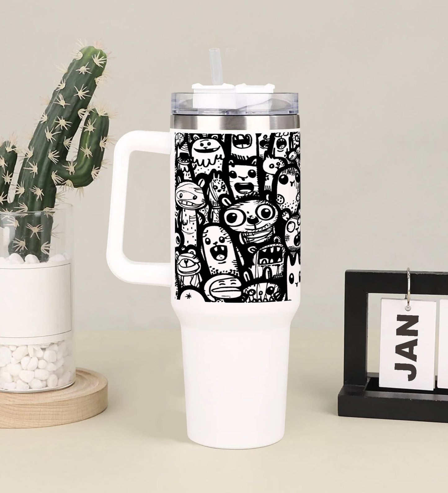 Complex Intricate Doodle Art Covering an Entire Page with Abstract and Whimsical Elements Printed 850ML with Lid Leak Proof  Big Travel Tumbler with Handle and Straw