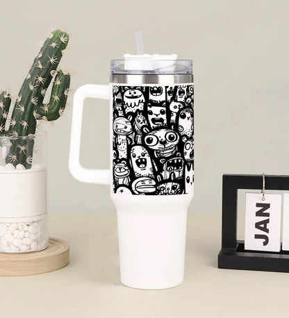 Complex Intricate Doodle Art Covering an Entire Page with Abstract and Whimsical Elements Printed 850ML with Lid Leak Proof  Big Travel Tumbler with Handle and Straw