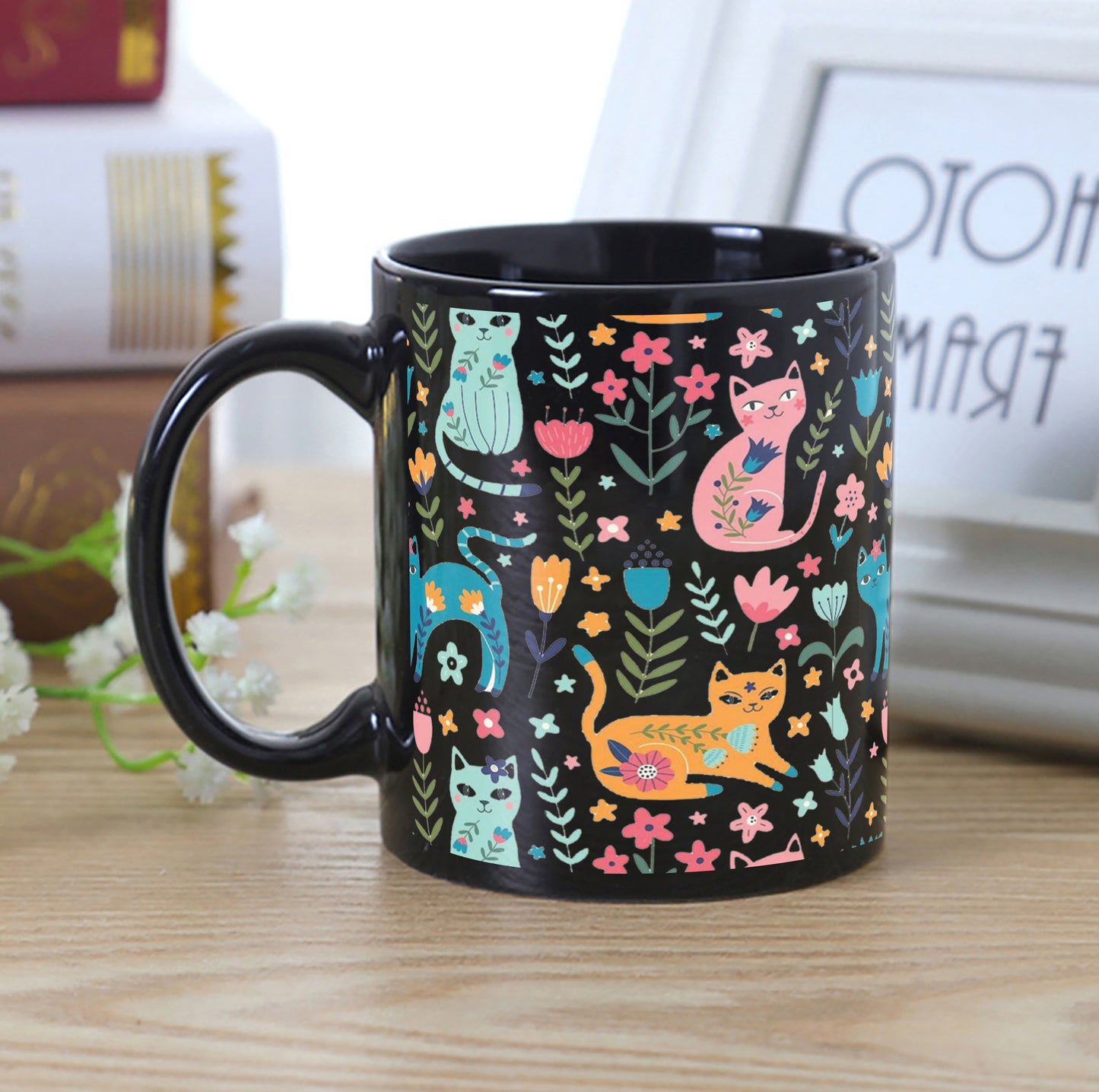 Vector seamless pattern with flowers and Cute Flower Cats in cartoon style Full Black 330 ml Coffee Mug
